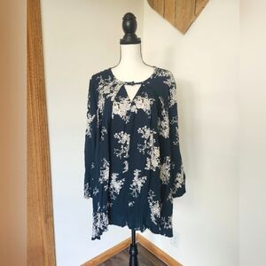JODIFL Deep Teal Boho Floral Flowy Tunic Mini Dress